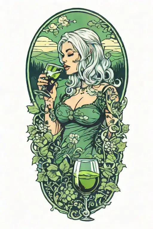 Silver Haired Girl Drinking Green Plasma From A Wine Glass In A Green Meadow Background