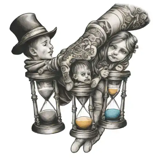 Kids Holding Dad Hand And Hour Glass