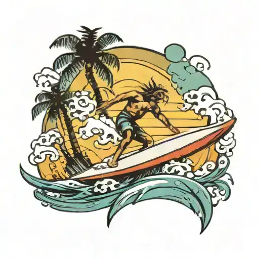 The Bottom Of The Sea With Rays Of Light And On The Surface A Surfer With The Sun And Palm Trees