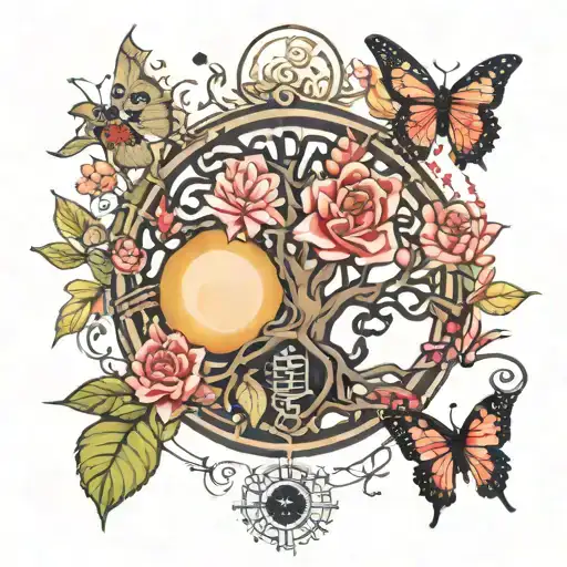 Tree Of Life With Cherry Blossom Roses Sun Moon Date Astro Sign Butterfly Lotus Flower Lily
