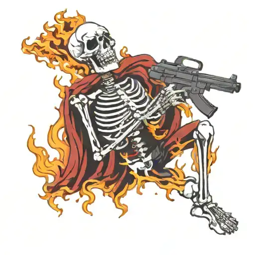 Skeleton On Fire Holding Gun Leaking Blood On
