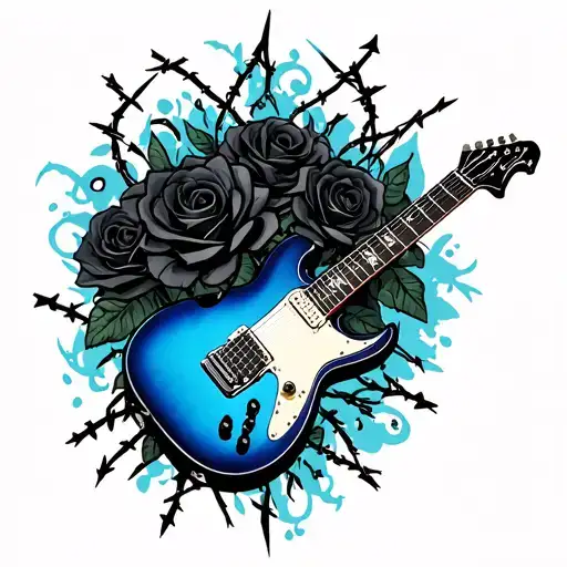 Blue Electric Guitar With Black Roses Throns And Barbed Wire