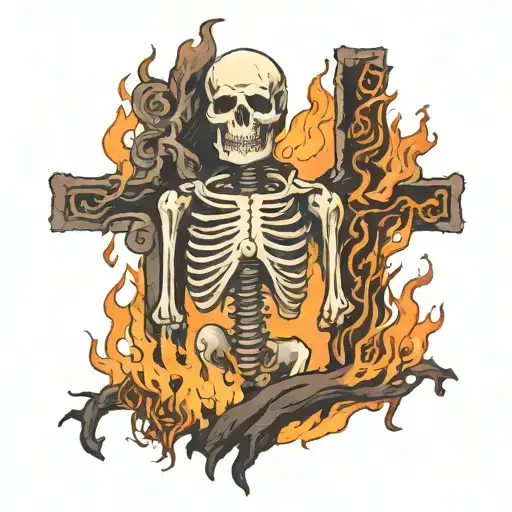 Skeleton Standing Next To Grave Surrounded By Flames Fire And Jesus Crosses