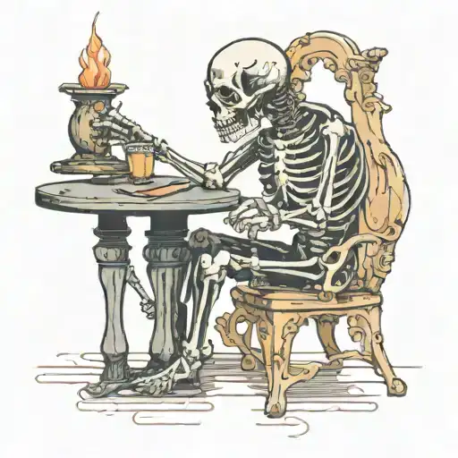 Skeleton At A Table With A Demon Pointing At It