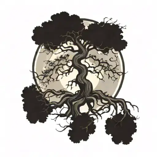 Tree With Roots Having No Leaves And A Moon