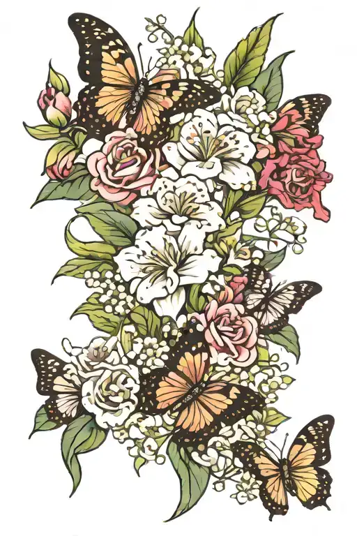 Carnations Iris Lily Of The Valley Rose With Leafs And Butterflies