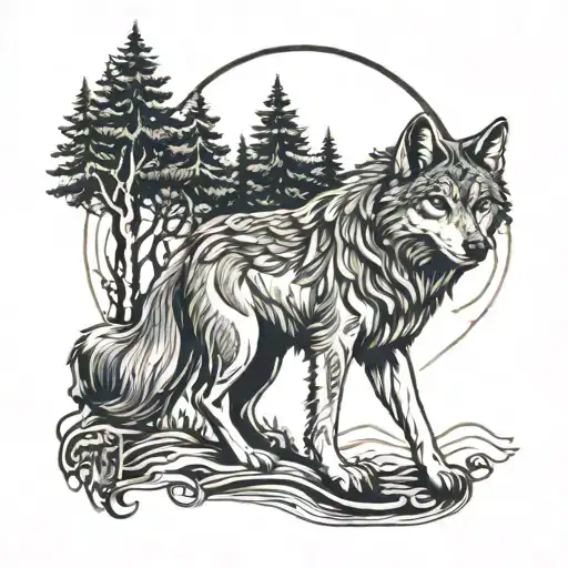 Wolf Forest And Moon