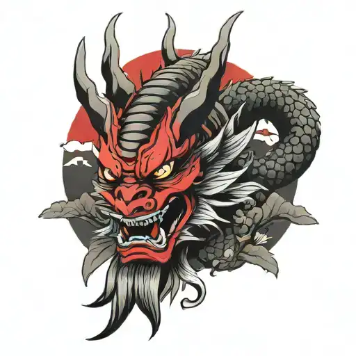 Samurai Sakura Red Moon Big Head Dragon