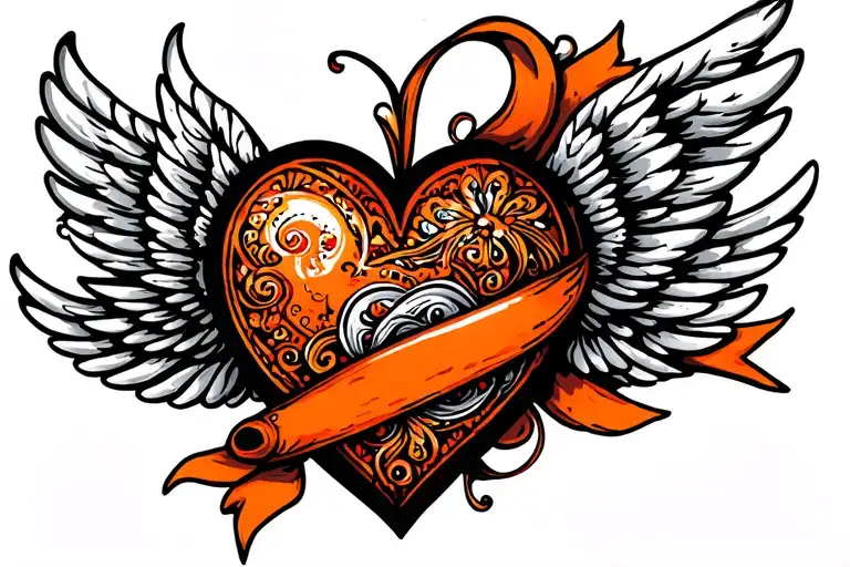 Orange Paisley Heart With Ribbon That Turns Into Airplane Wings