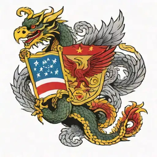 Vietnam Flag With Dragon And Eagle With American Flag
