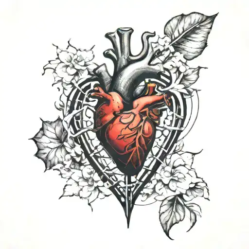 Real Human Heart Surround With Rotten Broken Dark Horror Ribs Cage