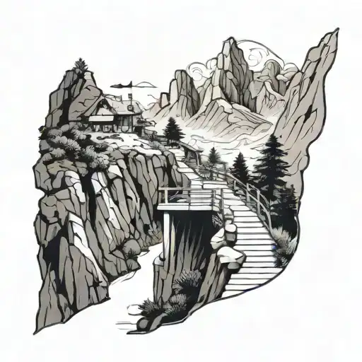 Black And White Drawing Of A Walkway Within A Mountain Area