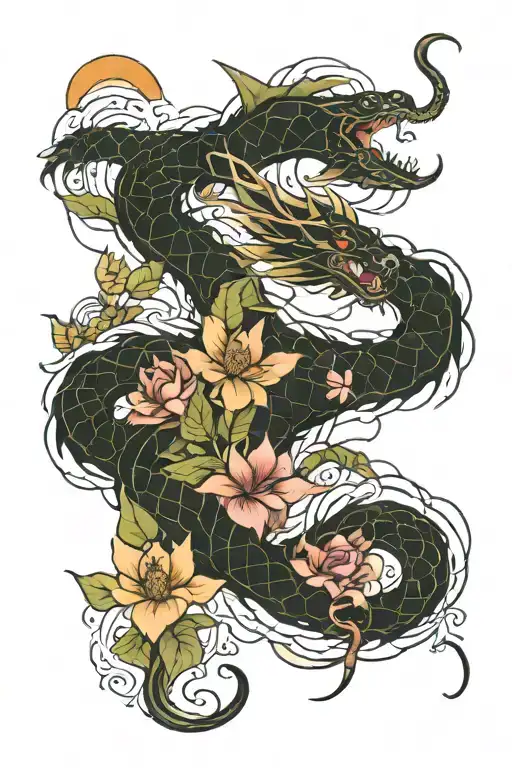 Dragon Weaving Thru Flowers With Geometic Designs