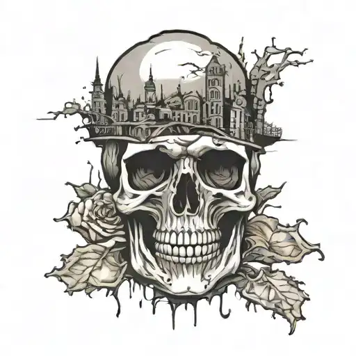 Rotting Skull With City In Background