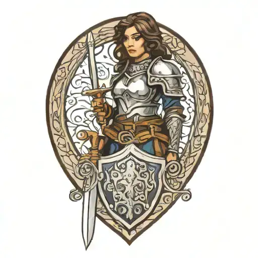 Brunette Female Paladin Portrait With Shield And Sword