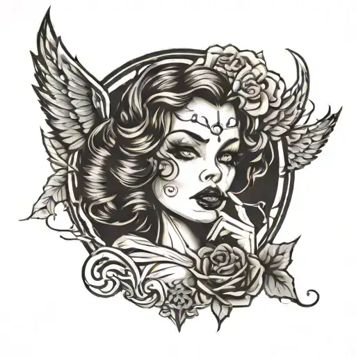 Gothic Pin Up Girl With Fine Lines Integrated Into A Blackout