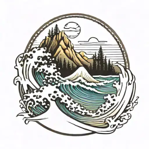 Mountain Range With Trees And Surf