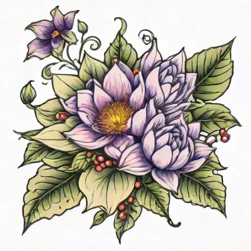 Water Lilly Violets And Holly Bouquet