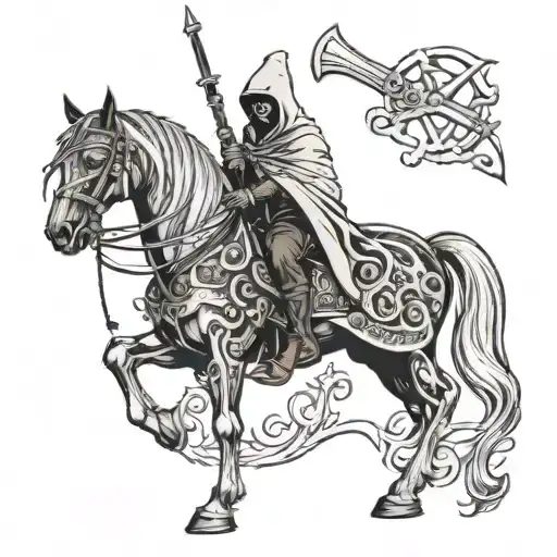 Pale Cloaked Reaper On Undead Black Horse Holding A Glaive