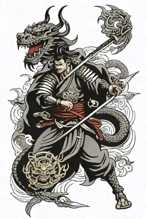 Samurai And Dragon And Sun