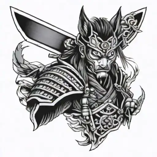 Samurai With Wolf Mask Sleeve Design Facing Forward