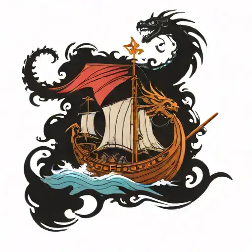 Dragon And Viking Ship Sailing