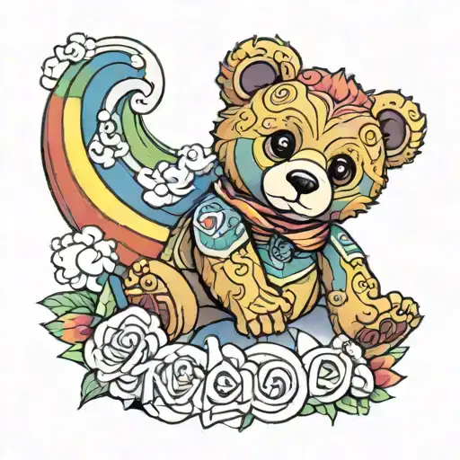 Teddy Bear Named Theo Surrounded By A Rainbow Colors