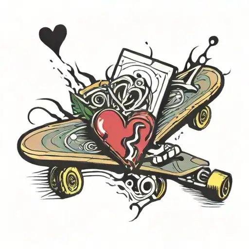 Tattoo Of A Skateboard And A Broken Board Forming A Heart