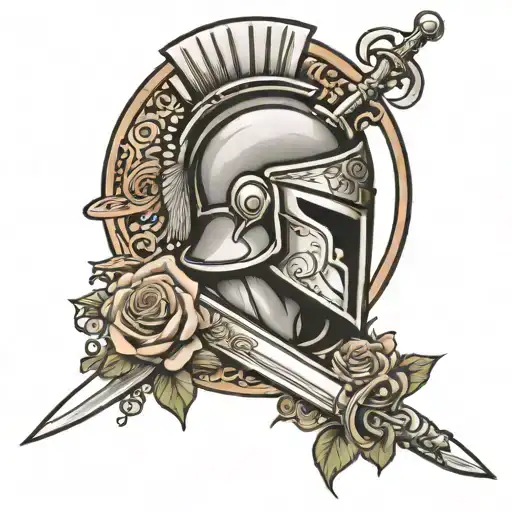 Spartan Holding Sword With Cross Background And One Rose