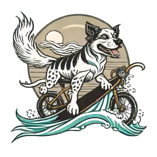 Dog On Wave With Bike
