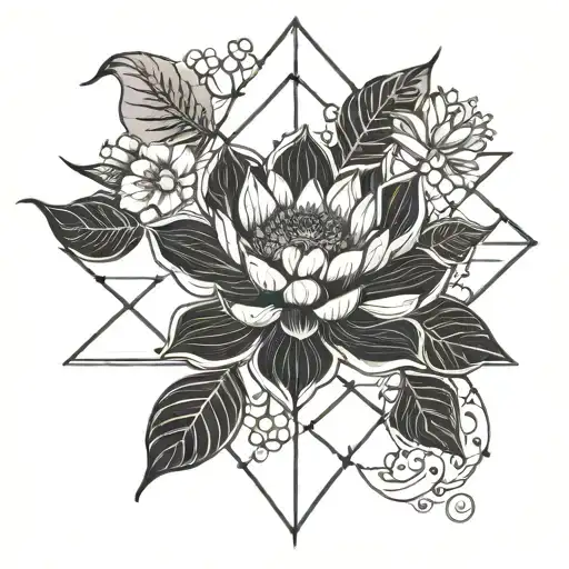 Lotus Flower Geometric Black Flowers Floating Symetrical Grid Lines