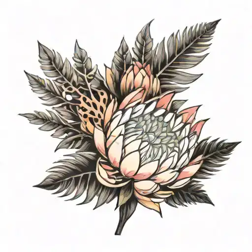 Protea Flower With Silver Fern Leaf