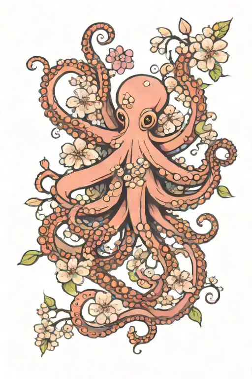 Colorful Octopus And Cherry Blossoms