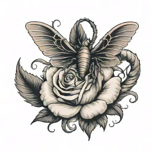 A Rose With Scorpion And A Pheniox Wings Wrapped Loosely