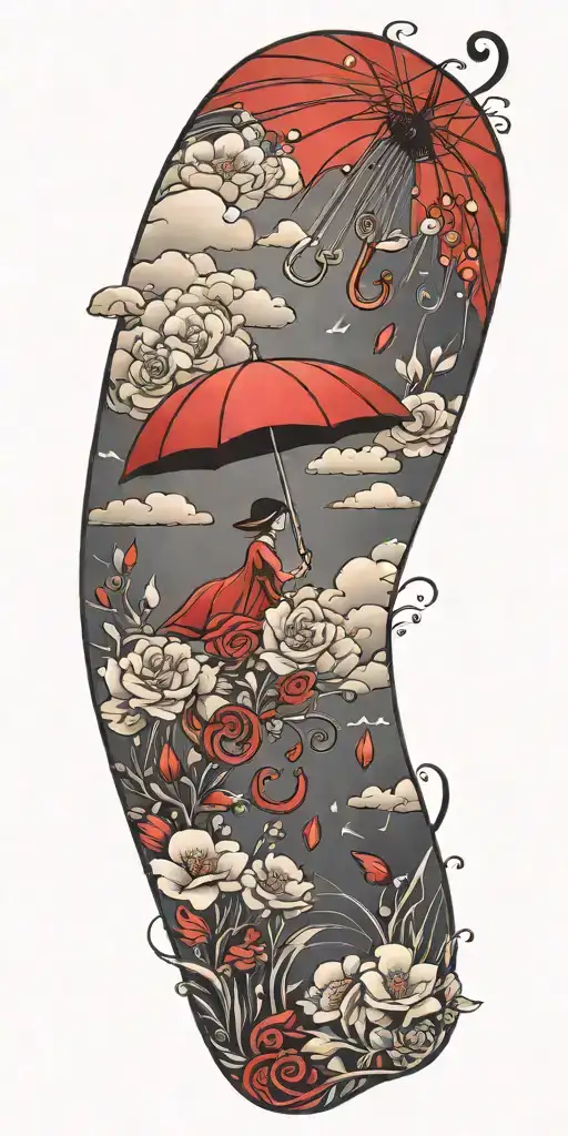 Stormy Weather Over A Red Umbrella Getting Rained On Flowers