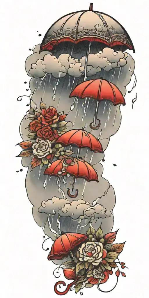 Stormy Weather Over A Red Umbrella Getting Rained On Flowers And Lightning