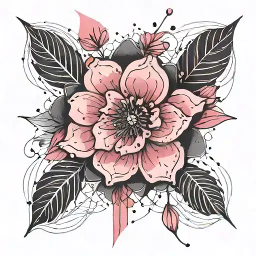 Black And Dark Pink Single Flower Abstract Watercolor With Shapes And Line Inner Forearm