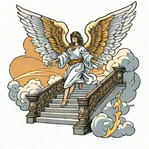 Lighting Angel Arms Open Clouds Stairs Leading