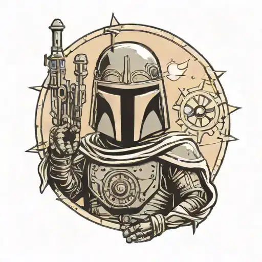 Jawa Star Wars Holding Boba Fett Helmet With Tattoine Suns