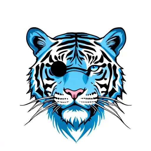 Blue Colour Tattoo Of A Tiger With An Eyepatch