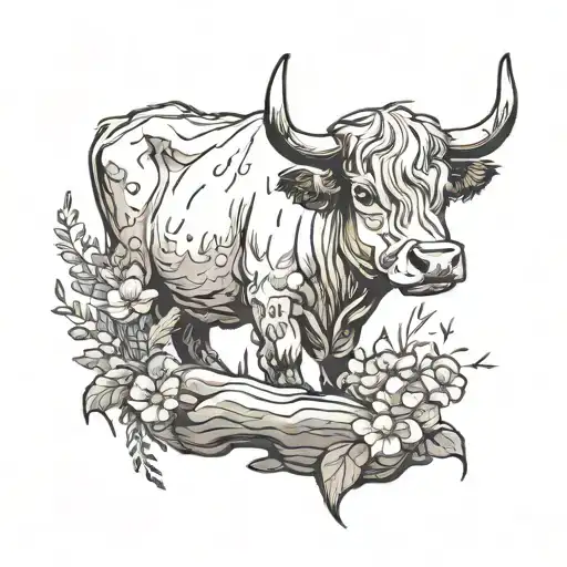 Cute Furry Highlander Cow Grazing On An Ocean Cliff Overlooking A Field Of Flowers