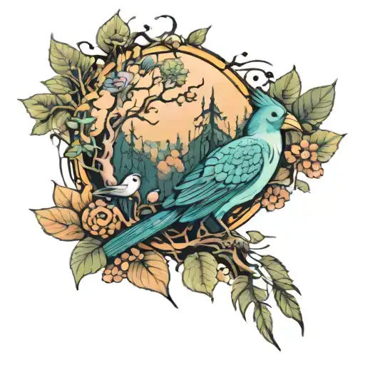 An Anime-inspired Tattoo Featuring A Forest Scene With Birds And Bugs