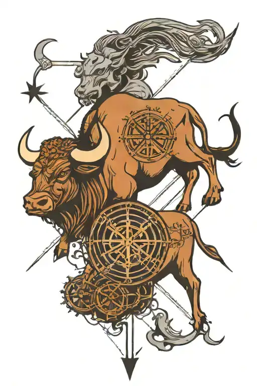 A Minimalist Tattoo Of An Imposing Bull With The Viking Compass In The Background