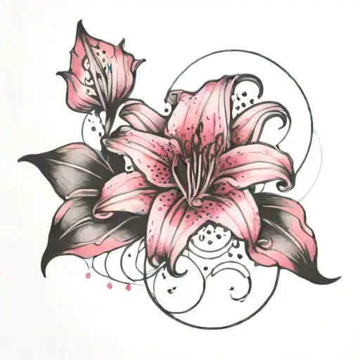 Black And Dark Pink Single Lilly Bstract Watercolor With Shapes And Line Inner Forearm