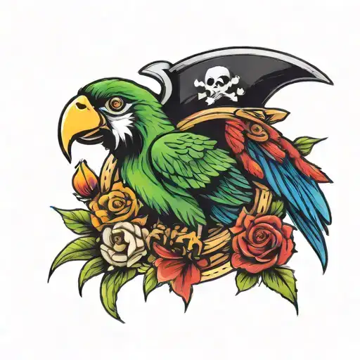 Pirate Parrot Old School Tattoo Design Incorporating Elements