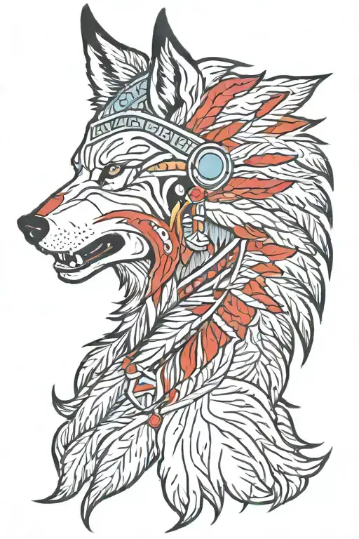 Angry Wolf Spitting Blood With American Indian Head Dress Color