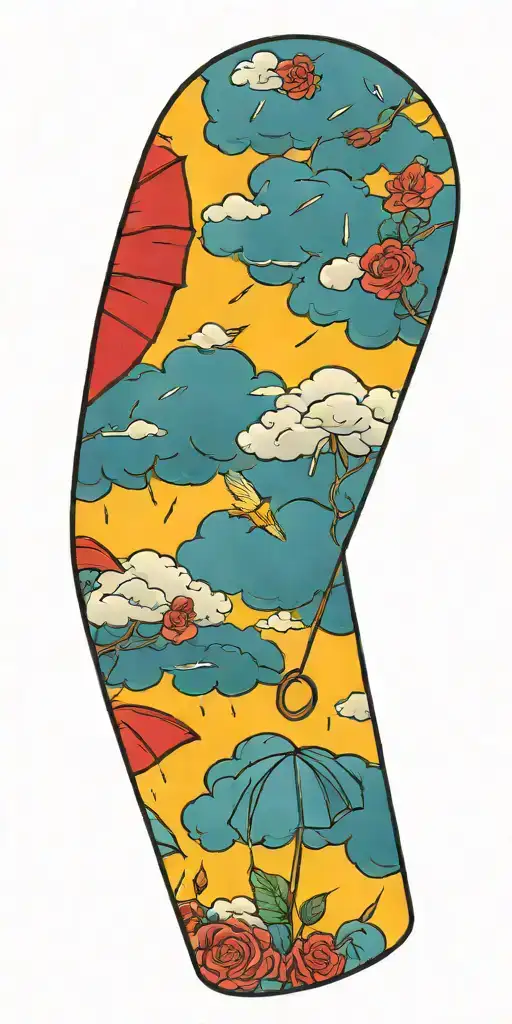 Stormy Weather Over A Red Umbrella Getting Rained On Flowers And Lightning