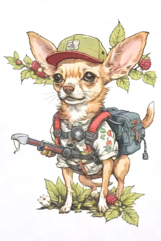 A Chihuahua In Hiking Gear Exploring A Raspberry Forest And A Rabbit Near