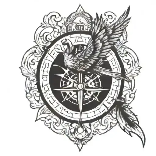 Compass And Phoenix Rising Phoenix Bird Perched Regally