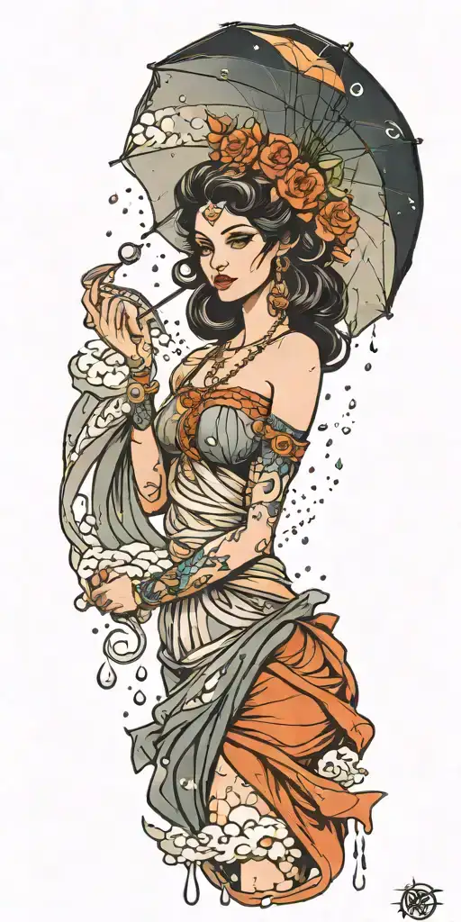 Goddess Of Storms Holding An Umbrella And Rain Drops